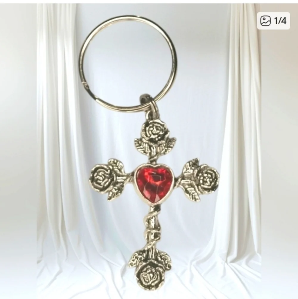 Silver Tone Cross Heart Charm Keychain Bag